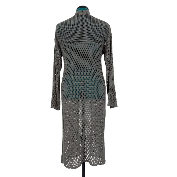 Minkas Taupe Mesh Knit Open Front Long Cardigan with Pockets, Small - Picture 6 of 16